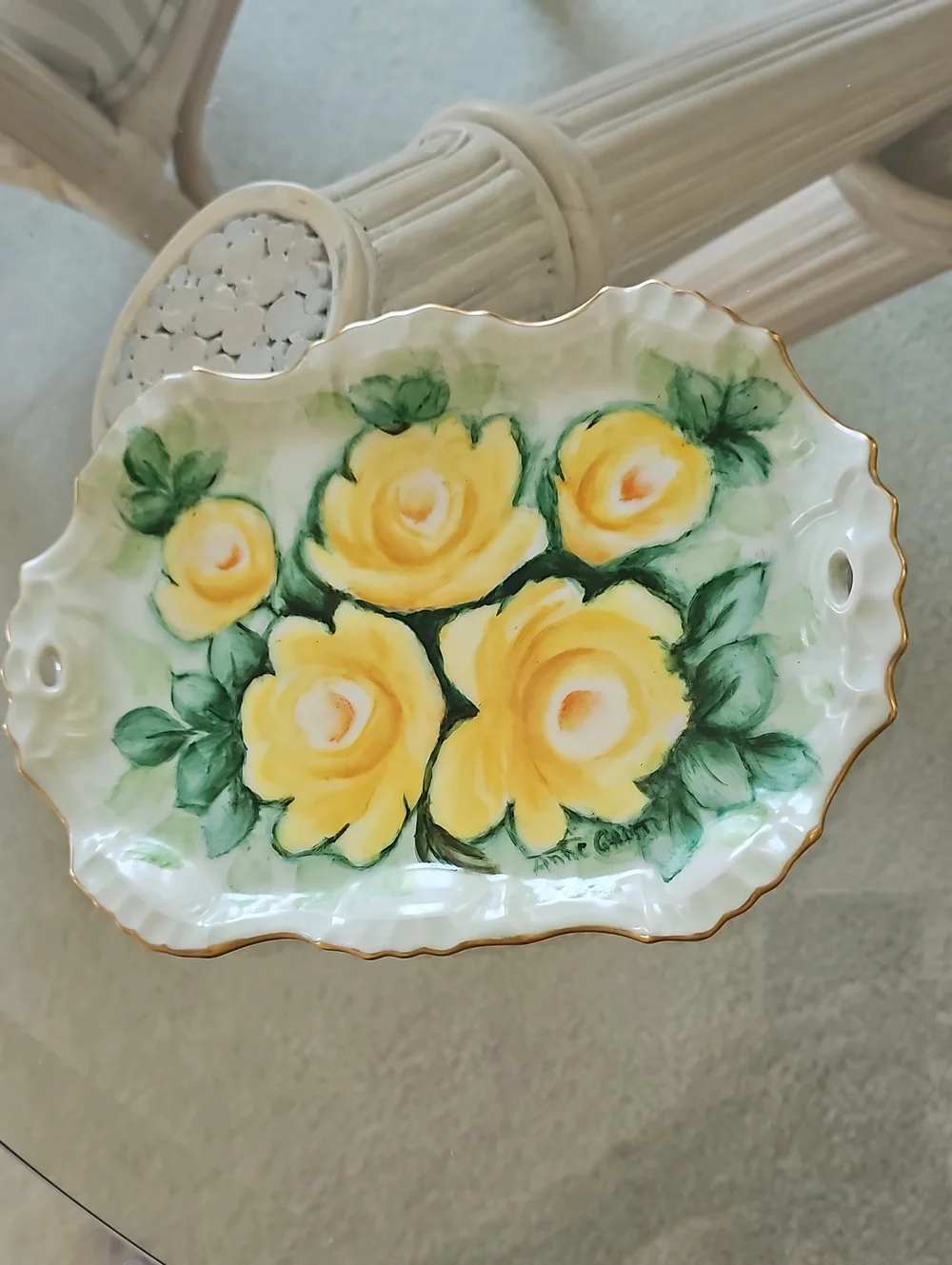 Beautiful Vintage Hand-Painted Yellow Roses Porcelain Serving Tray/Platter